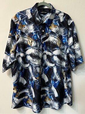 Barry Wang Abstract Splash Print Button-Up Shirt - Blue, Black, White, Gold